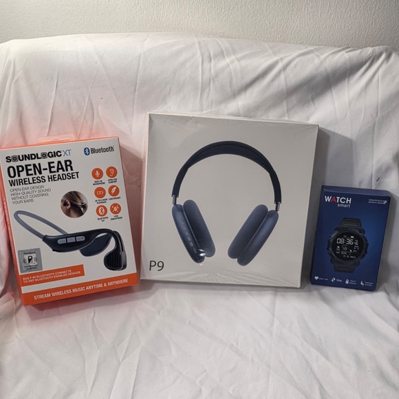 BUNDLE (Blue P9 Wireless Headphones + SoundLogic OpenEar + Green Smart Watch - Picture 1 of 3